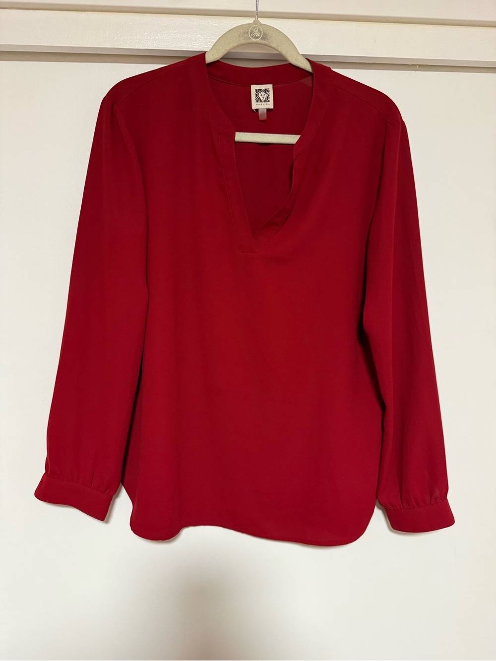 Anne Klein Red Split-Neck Long Sleeve Blouse